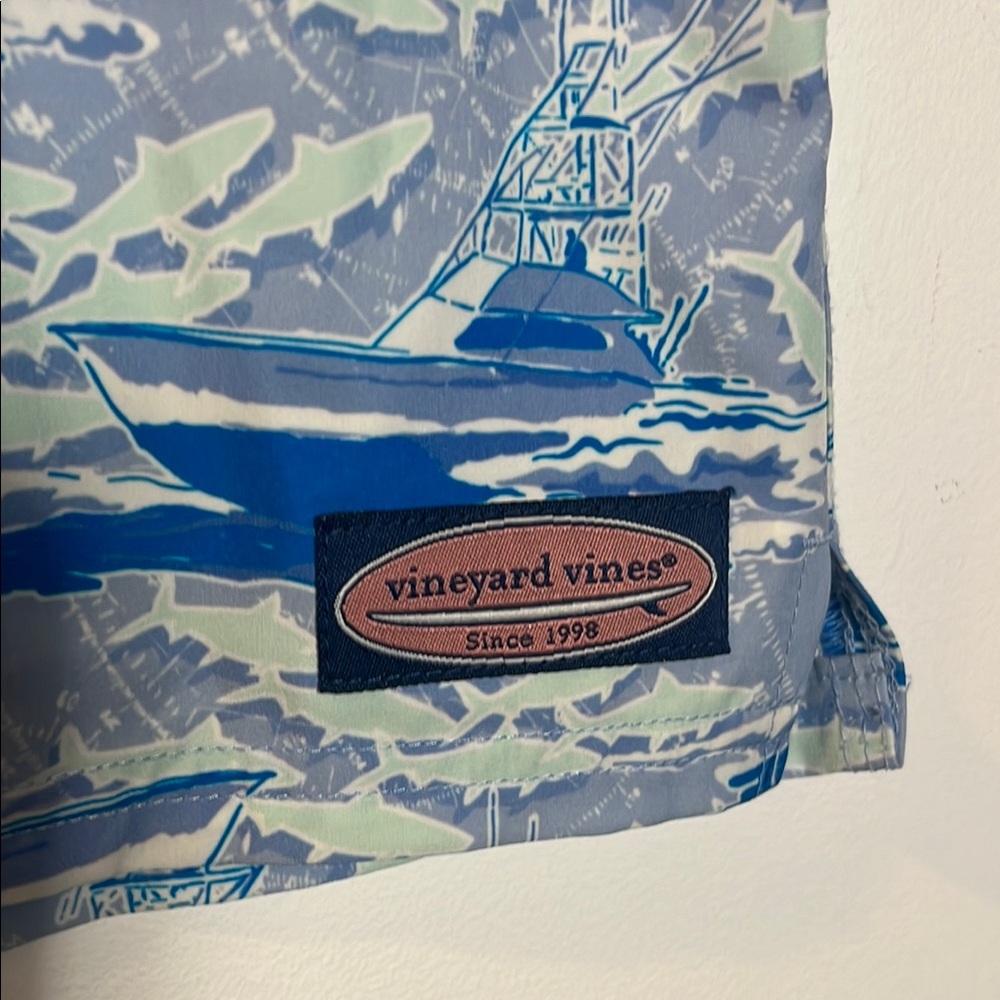 Vineyard Vines Boys Blue & White Water Scene Patterned Swim Trunk Shorts - Picture 3 of 5